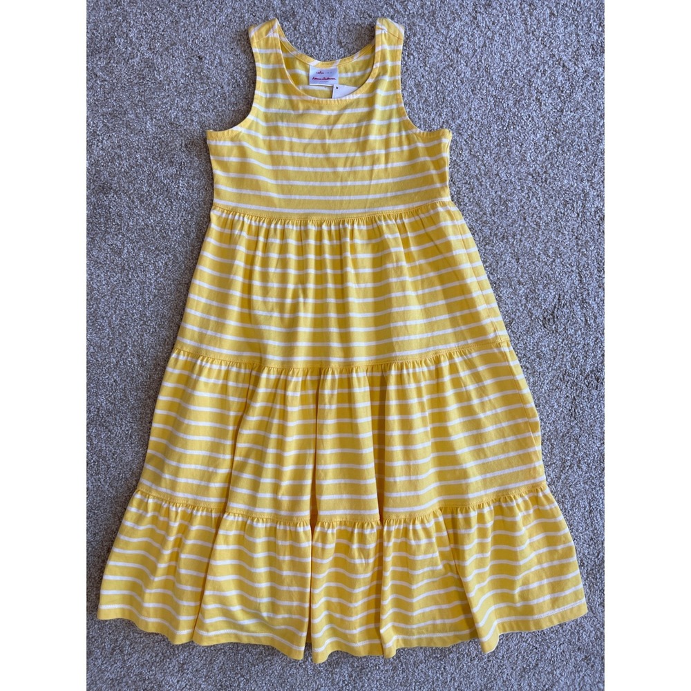Hanna Andersson Girls Yellow White Striped Tiered Maxi Dress Size 10 140cm NWT